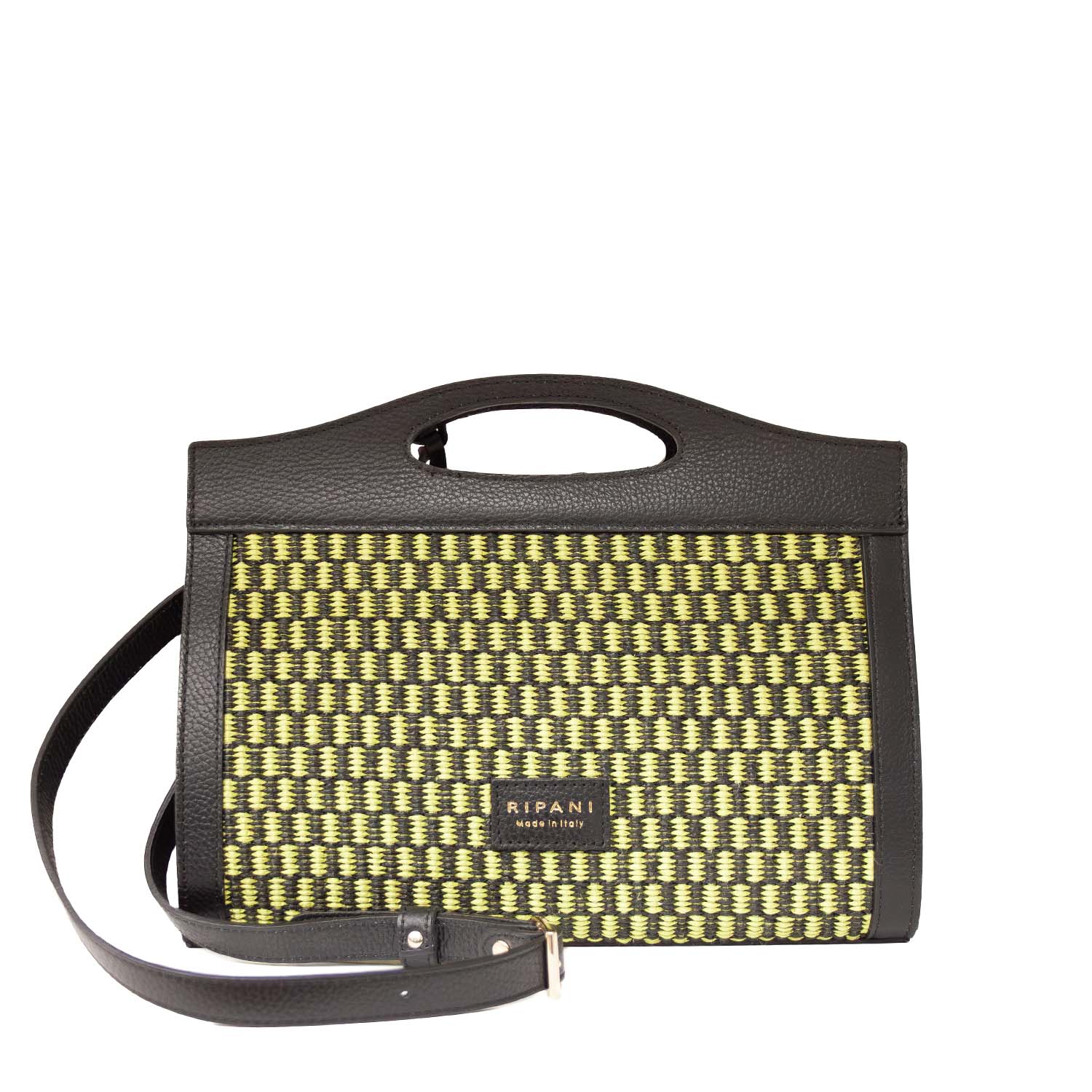 Torebka Ripani – zielona, włoska, typu kuferek z naturalnej skóry oraz naturalnej rafii - widok z przodu.
