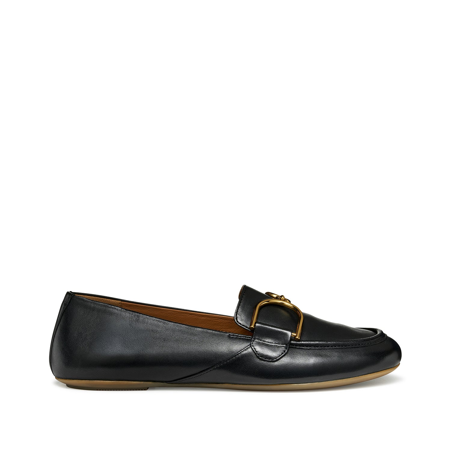 Czarne, skórzane mokasyny GEOX Palmaria – widok z boku, złota klamra na pasku.