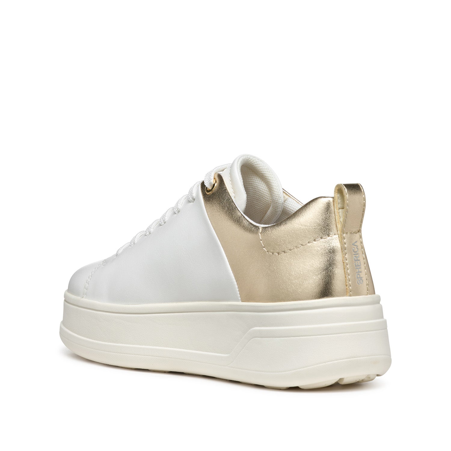 GEOX Spherica – tylna perspektywa oddychających sneakersów, złoty połysk na pięcie i komfortowa podeszwa.