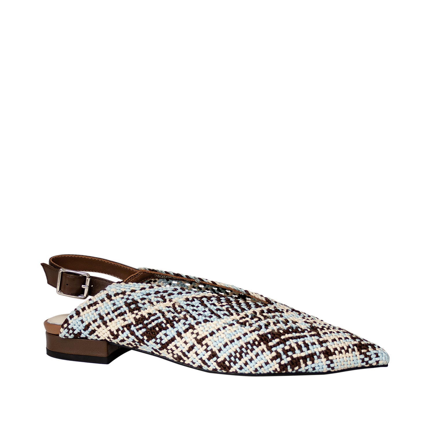Ujęcie pod kątem na baleriny Tuffoni z materiałową plecionką i eleganckim profilem.