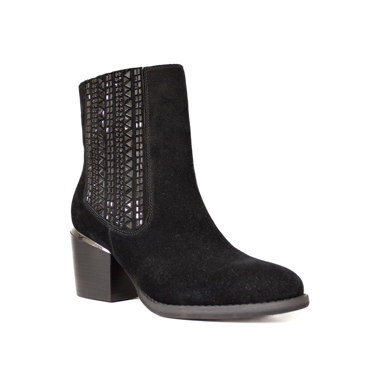 Botki Alma En Pena – czarne, zamszowe, z cyrkoniami, na obcasie - widok pod kątem.