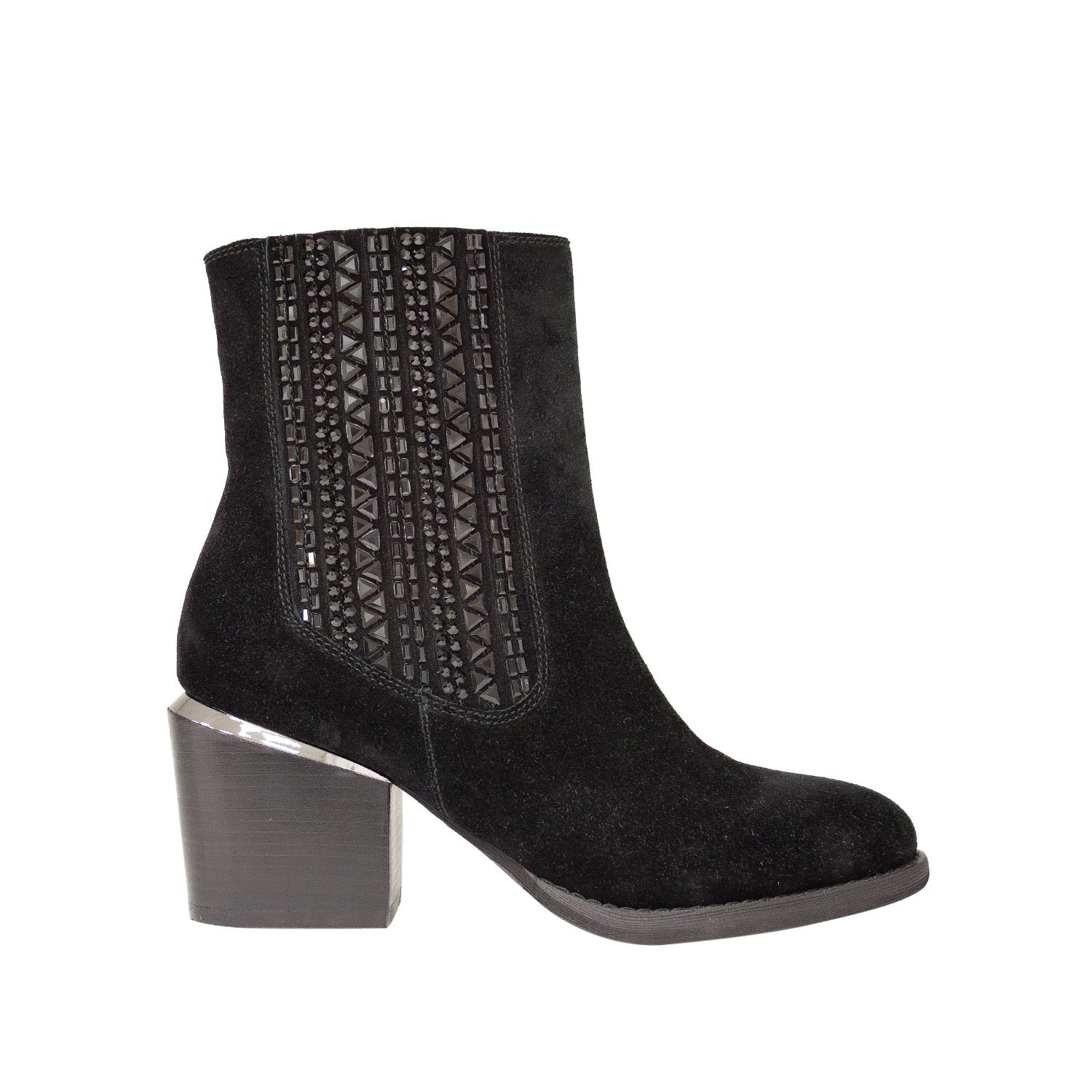 Botki Alma En Pena – czarne, zamszowe, z cyrkoniami, na obcasie - widok z boku.