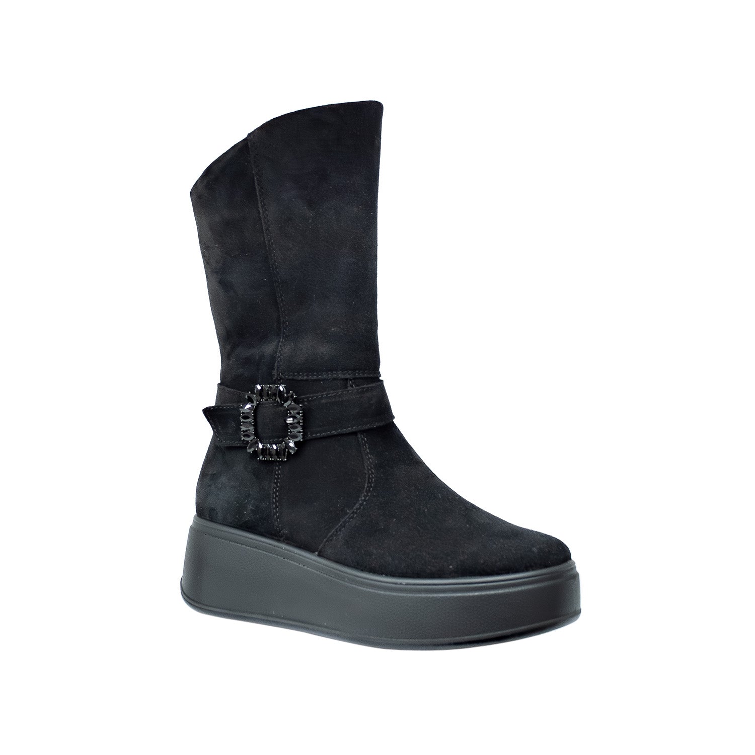 Włoskie Botki Igi&Co ze skóry naturalnej – czarne, zamszowe, na platformie - widok pod kątem.