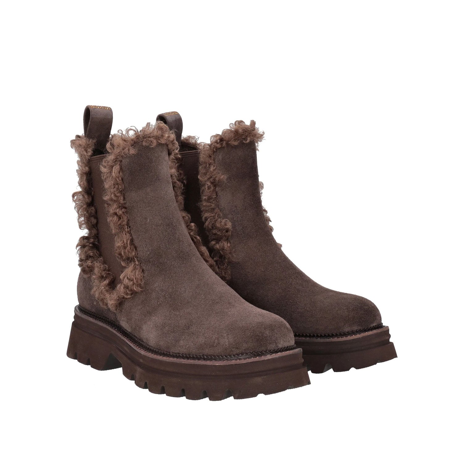 Włoskie botki na platformie marki Tosca Blu – brązowe, zamszowe, z futerkiem - widok pod kątem.