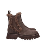 Włoskie botki na platformie marki Tosca Blu – brązowe, zamszowe, z futerkiem - widok z boku.