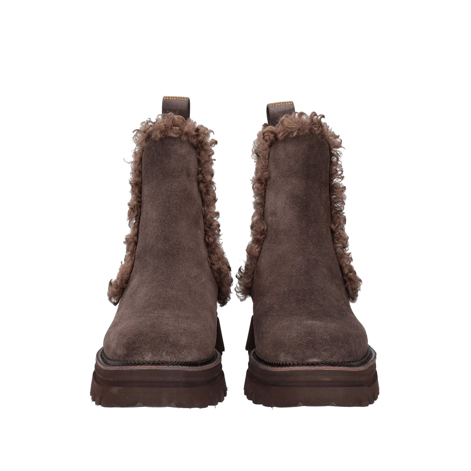 Włoskie botki na platformie marki Tosca Blu – brązowe, zamszowe, z futerkiem - widok z przodu.