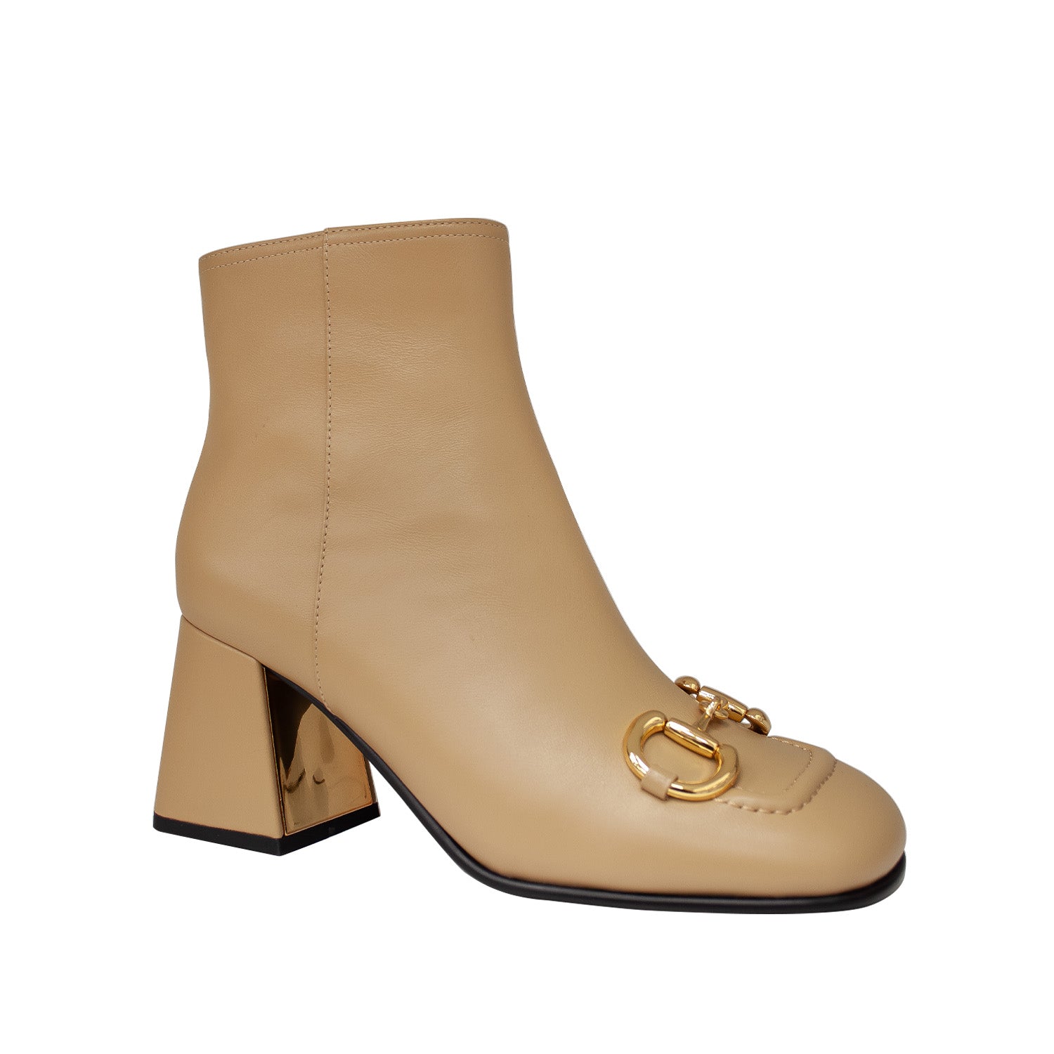 Botki Tuffoni – beżowe, skórzane, na obcasie - widok pod kątem.