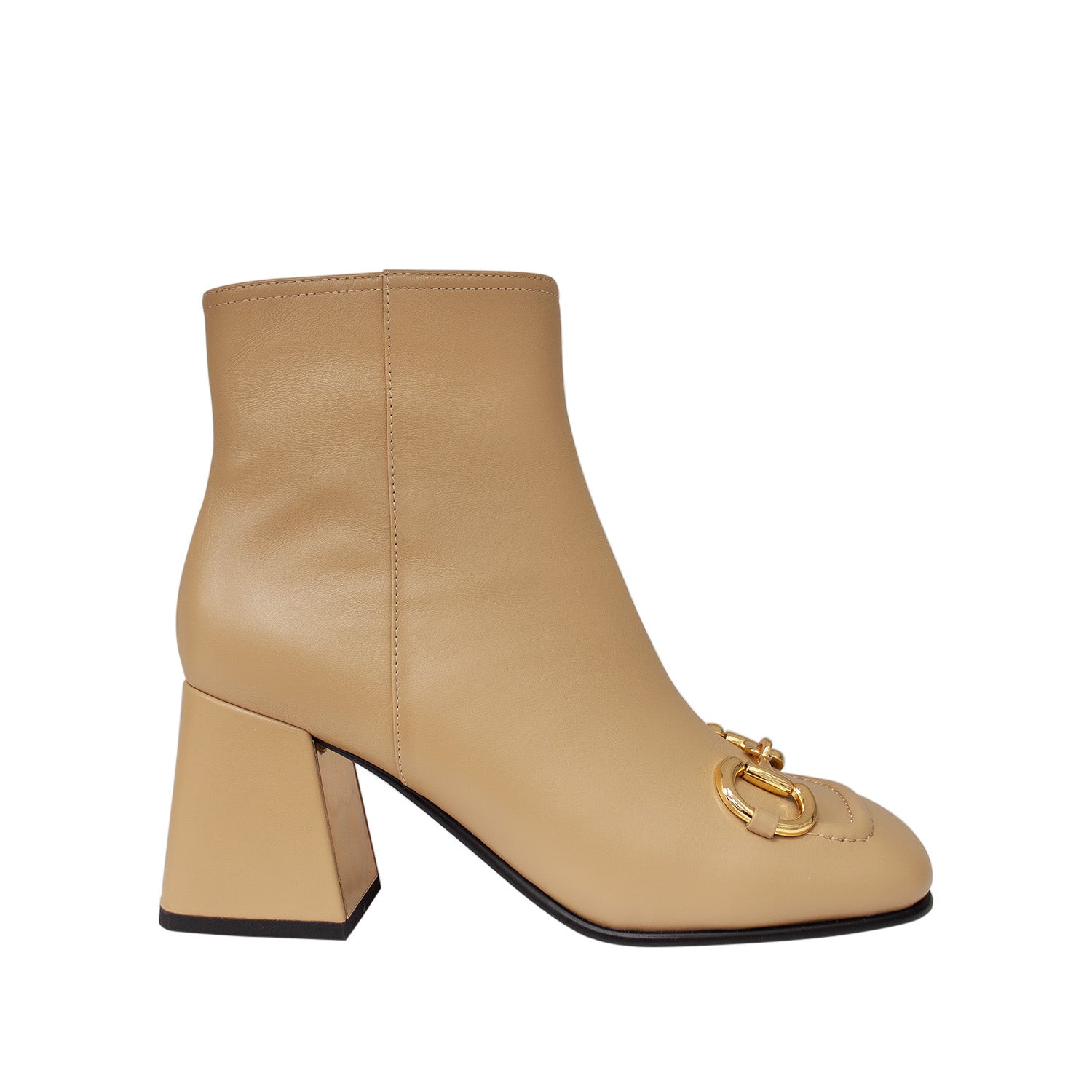 Botki Tuffoni – beżowe, skórzane, na obcasie - widok z boku.