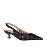 Czółenka Alma En Pena – czarne, bez pięty, na obcasie kieliszek ze skóry naturalnej oraz siateczki  - widok pod kątem.