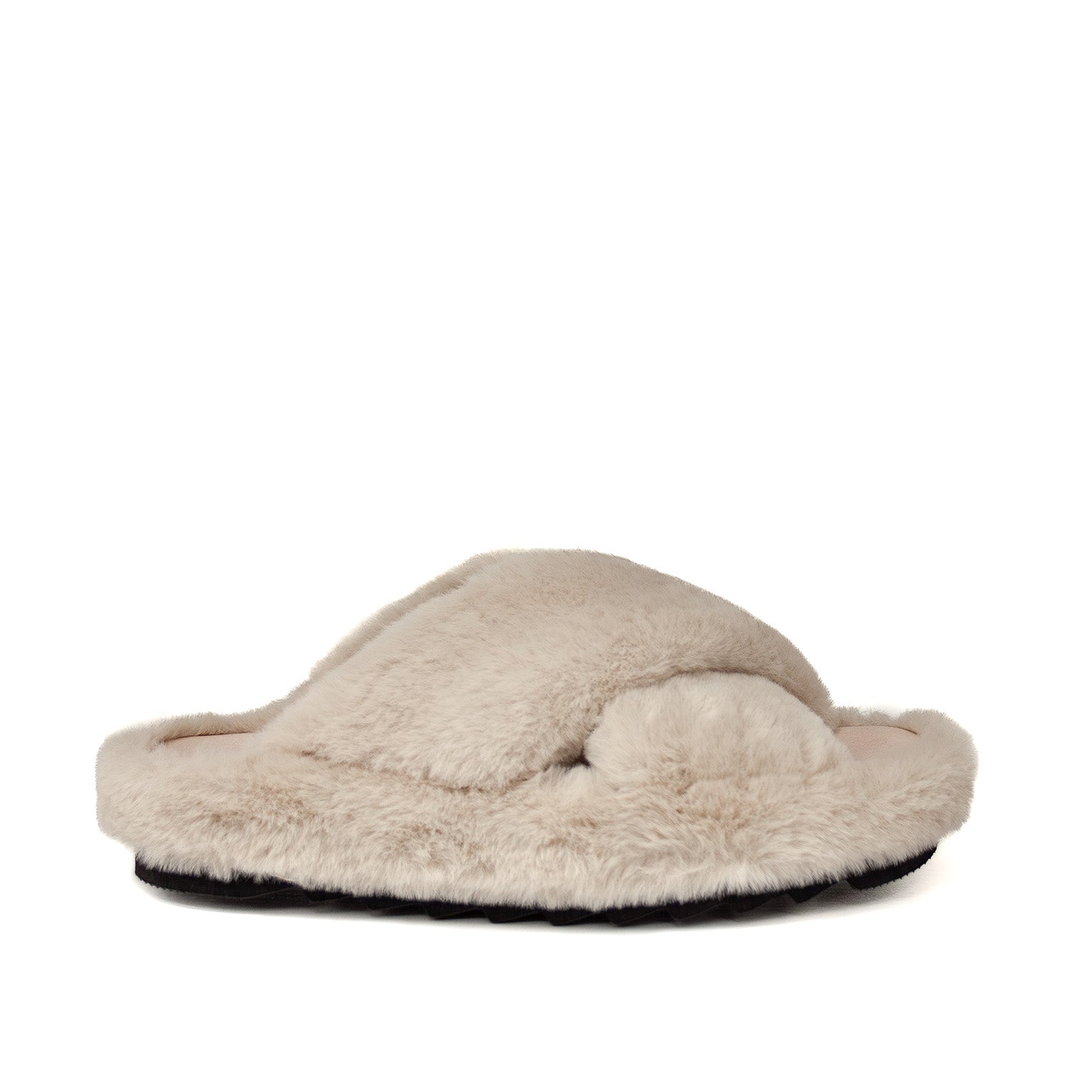 Kapcie Macarena – beżowe, z futerkiem, klapki domowe - widok z boku.