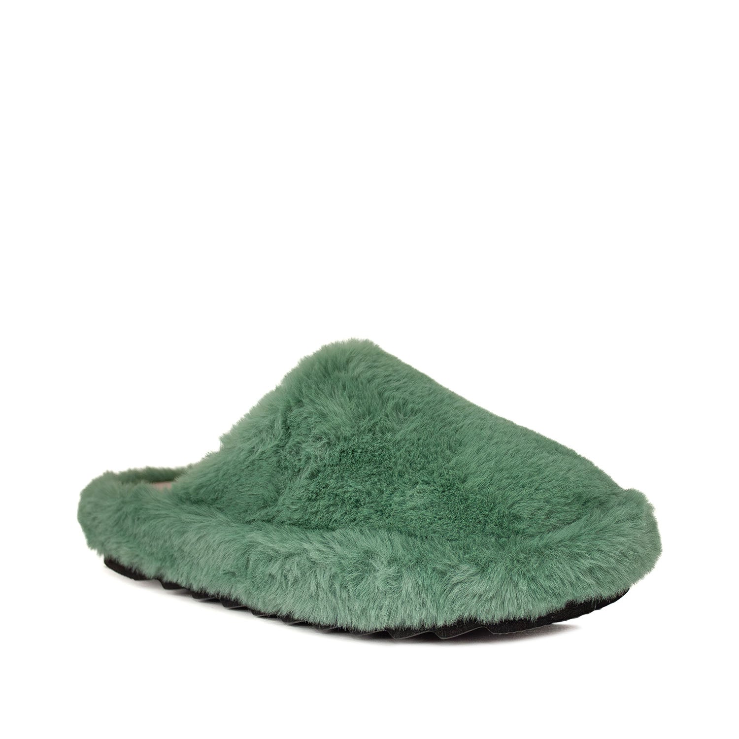 Zielone kapcie Macarena – domowe, z futerkiem, na platformie - widok pod kątem.
