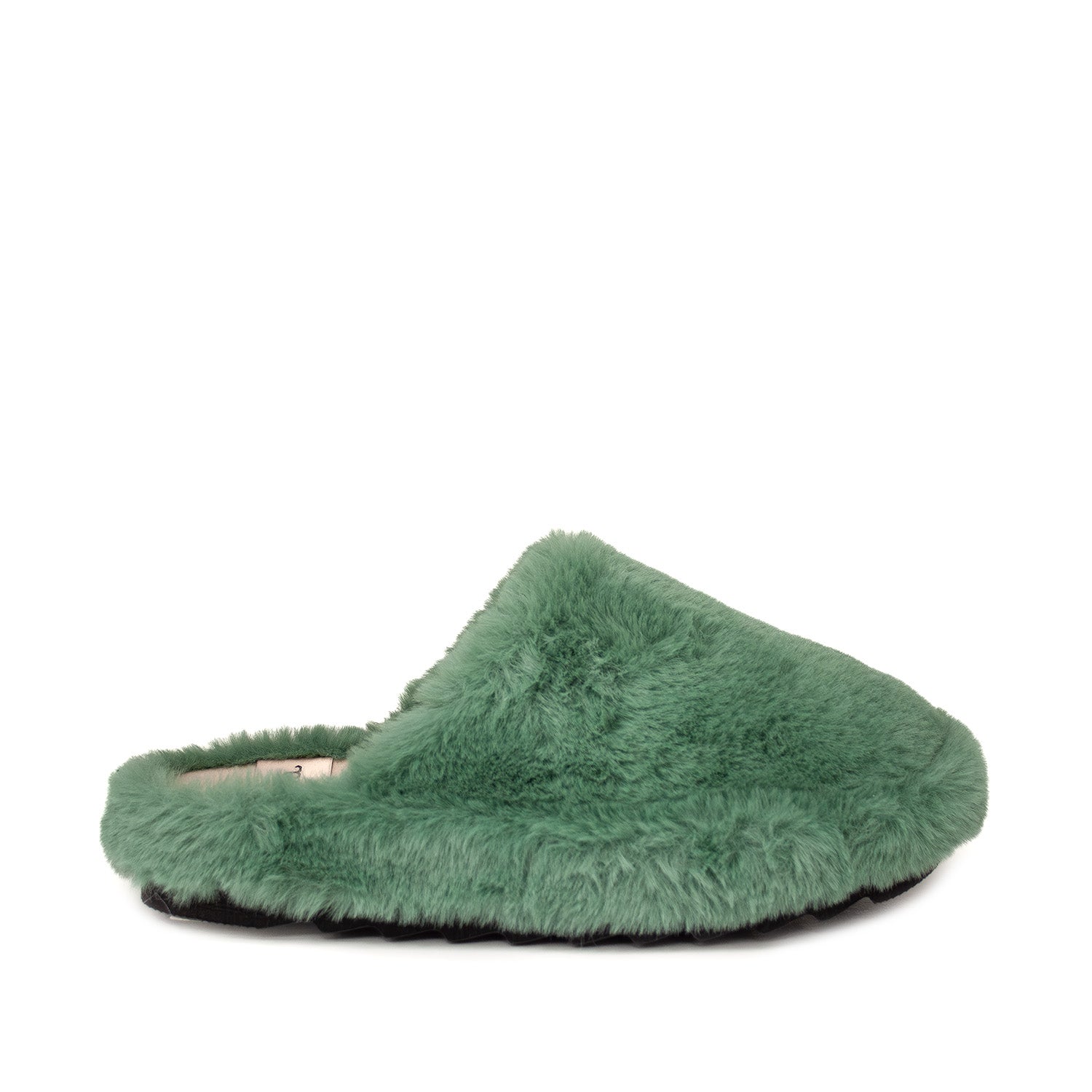 Zielone kapcie Macarena – domowe, z futerkiem, na platformie - widok z boku.