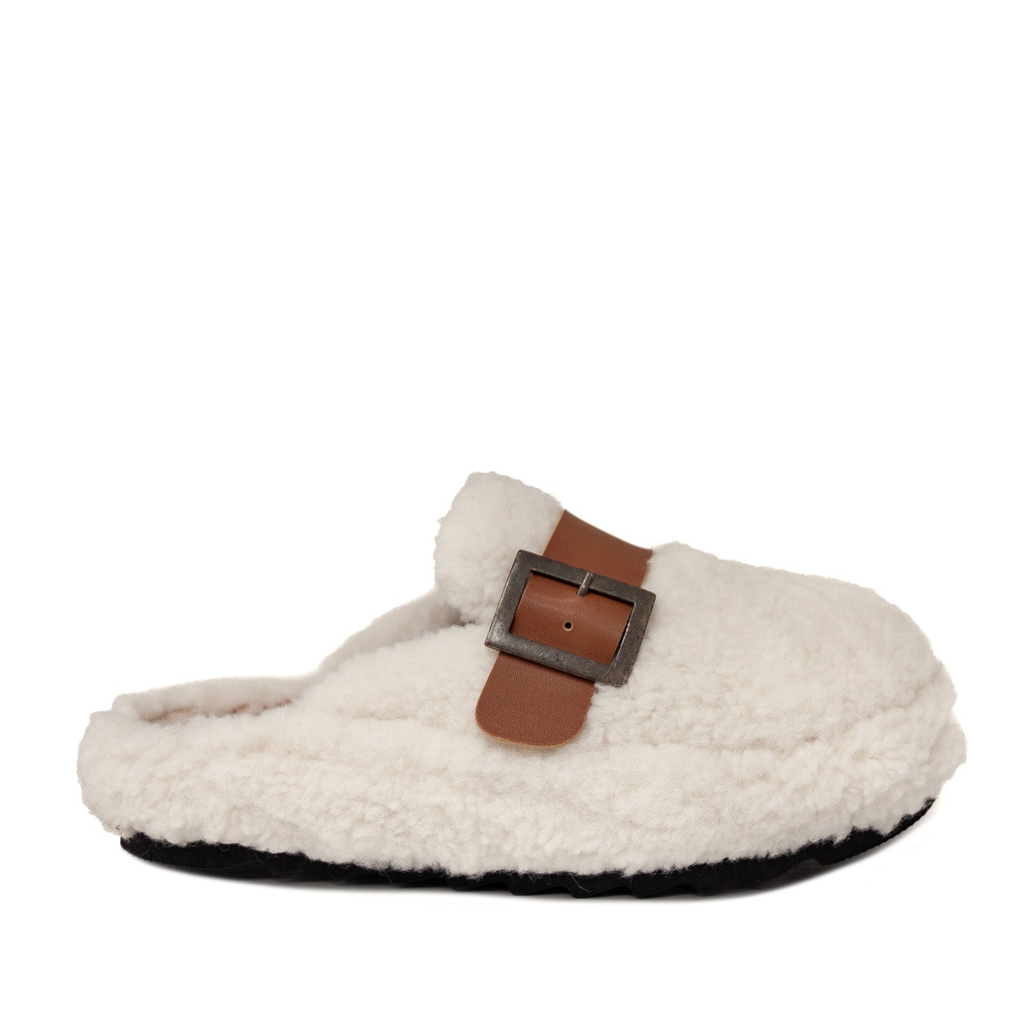 Domowe kapcie Macarena – kremowe, z paskiem, z futerkiem - widok z boku.