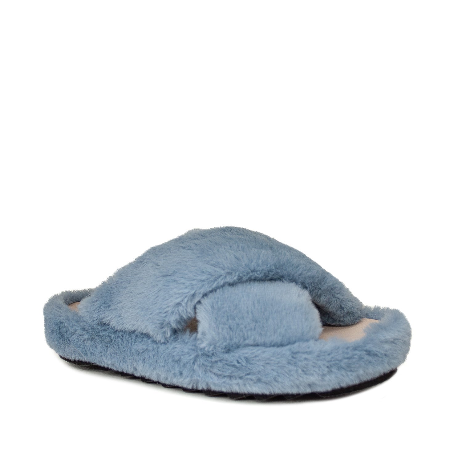 Kapcie Macarena – niebieskie, z futerkiem, klapki domowe - widok pod kątem.