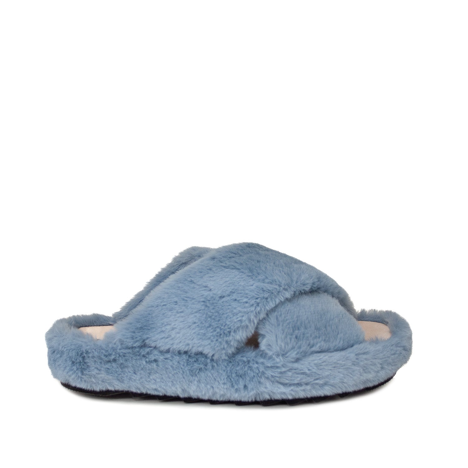 Kapcie Macarena – niebieskie, z futerkiem, klapki domowe - widok z boku.