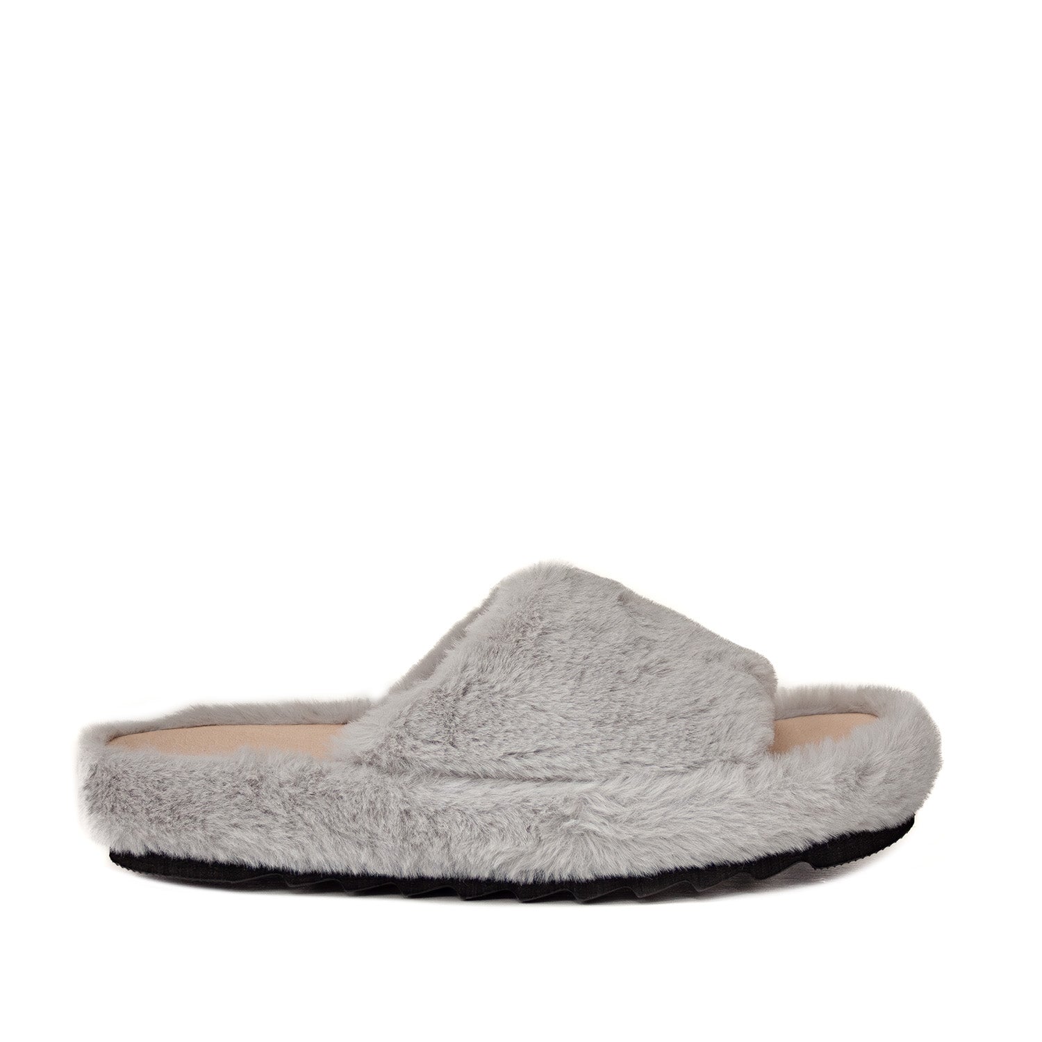 Kapcie Macarena – szare, z futerkiem, klapki domowe - widok z boku.