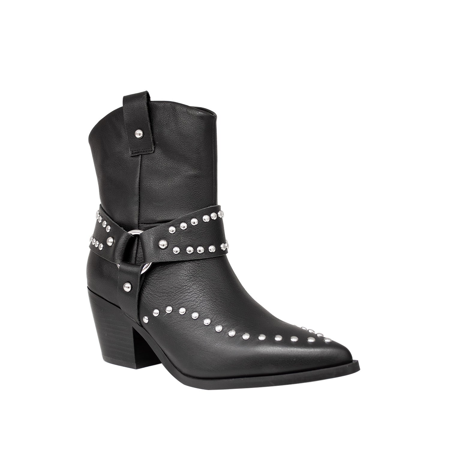 Kowbojki Tosca Blu – czarne, skórzane, z napami - widok pod kątem.