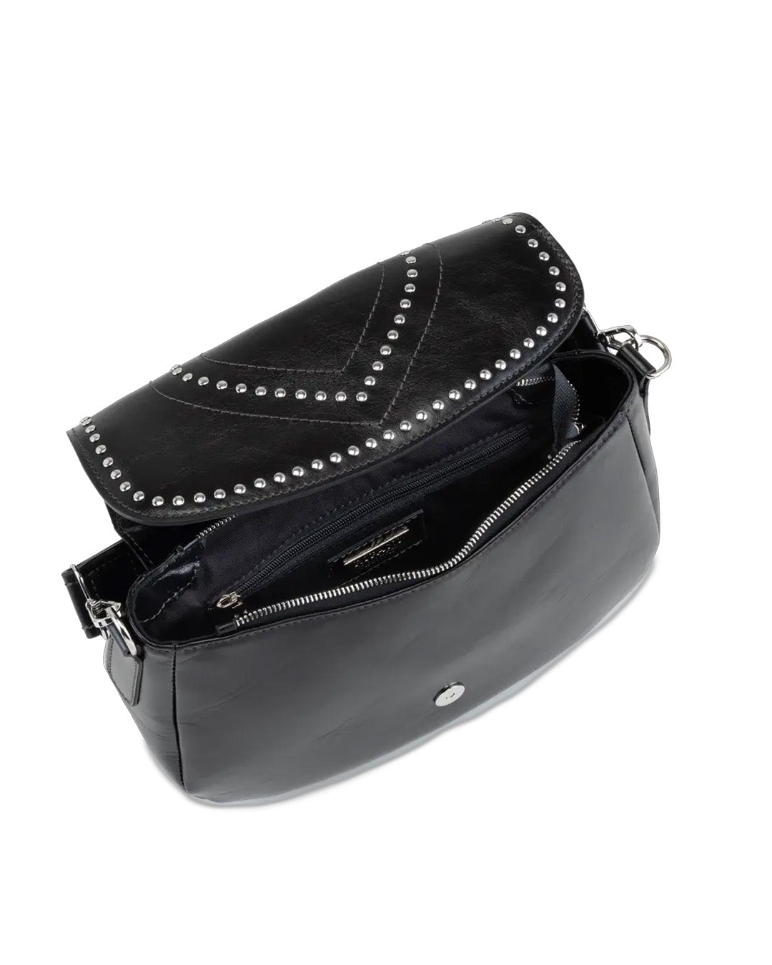 Listonoszka Ripani – czarna, skórzana, z nitami - widok z góry.