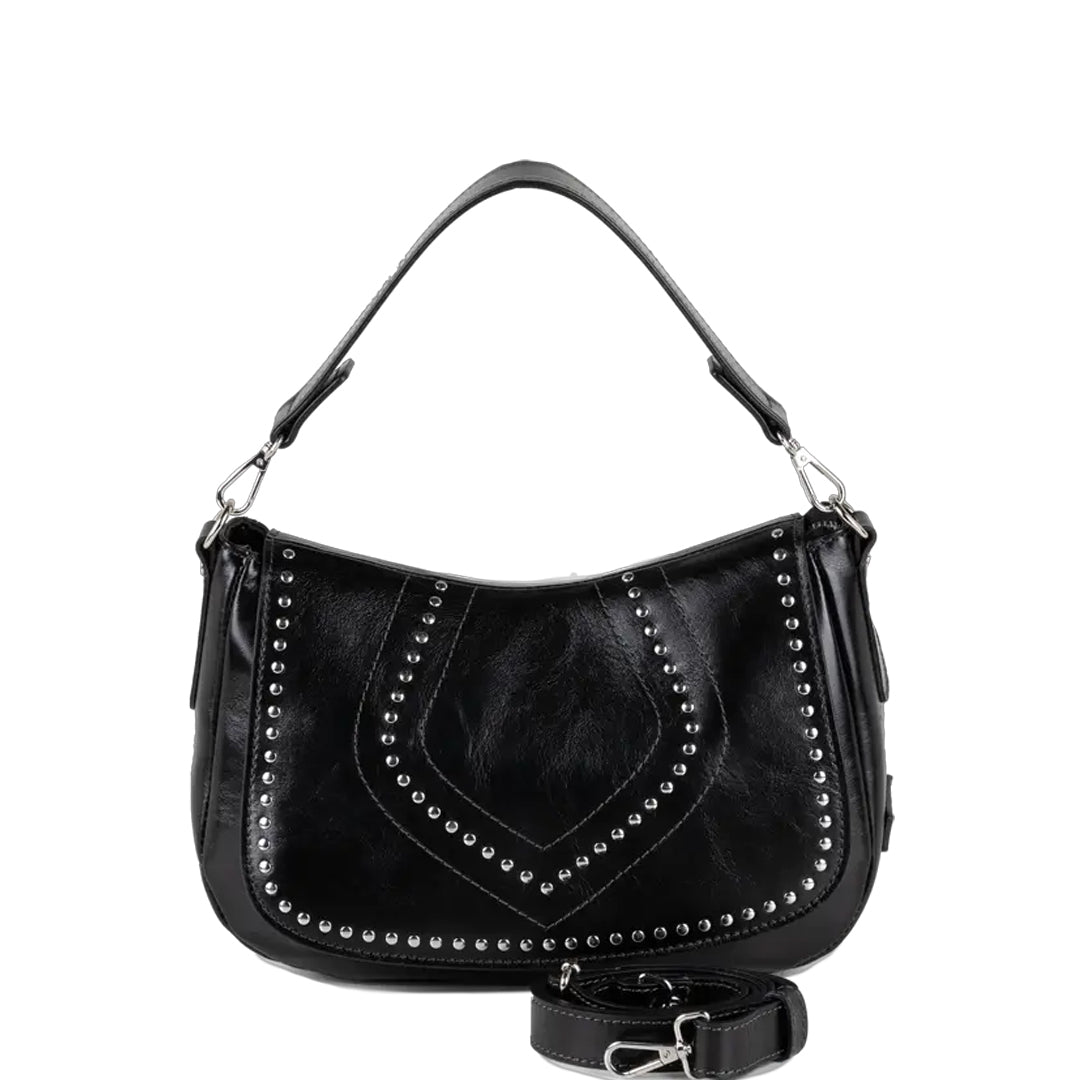 Listonoszka Ripani – czarna, skórzana, z nitami - widok z przodu.