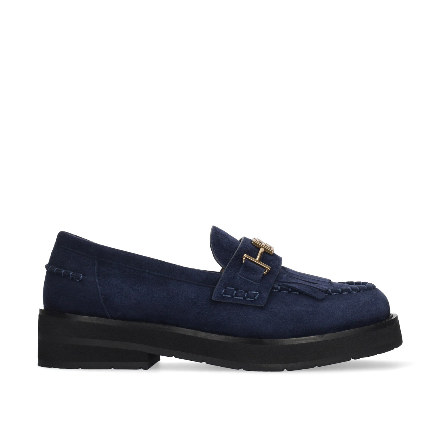 Loafersy Bibi Lou z granatowego zamszu, widok z boku z elegancką czarną podeszwą