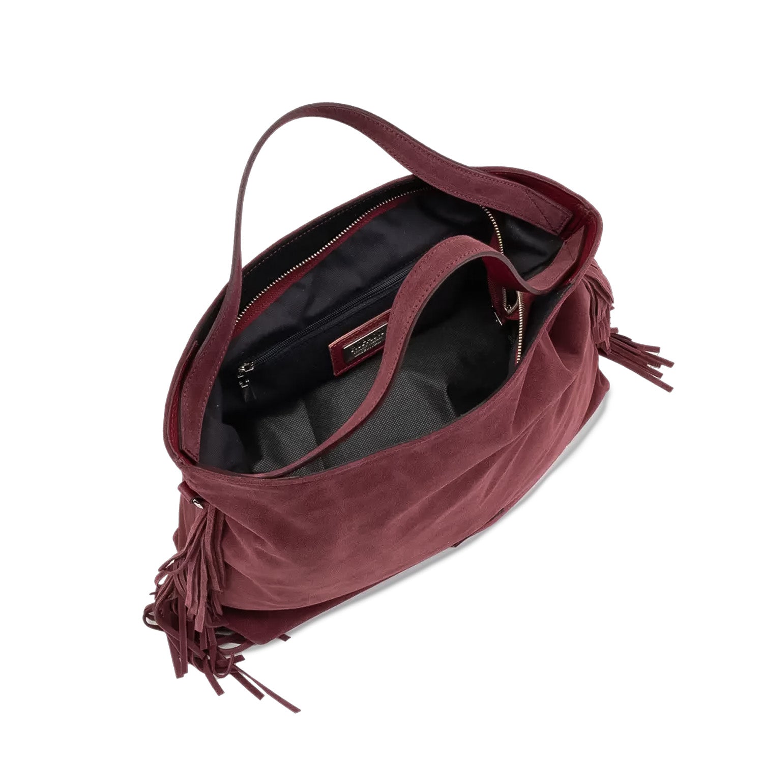 Shopperka Ripani – bordowa, z frędzlami, włoska, ze skóry zamszowej - widok wnętrza.