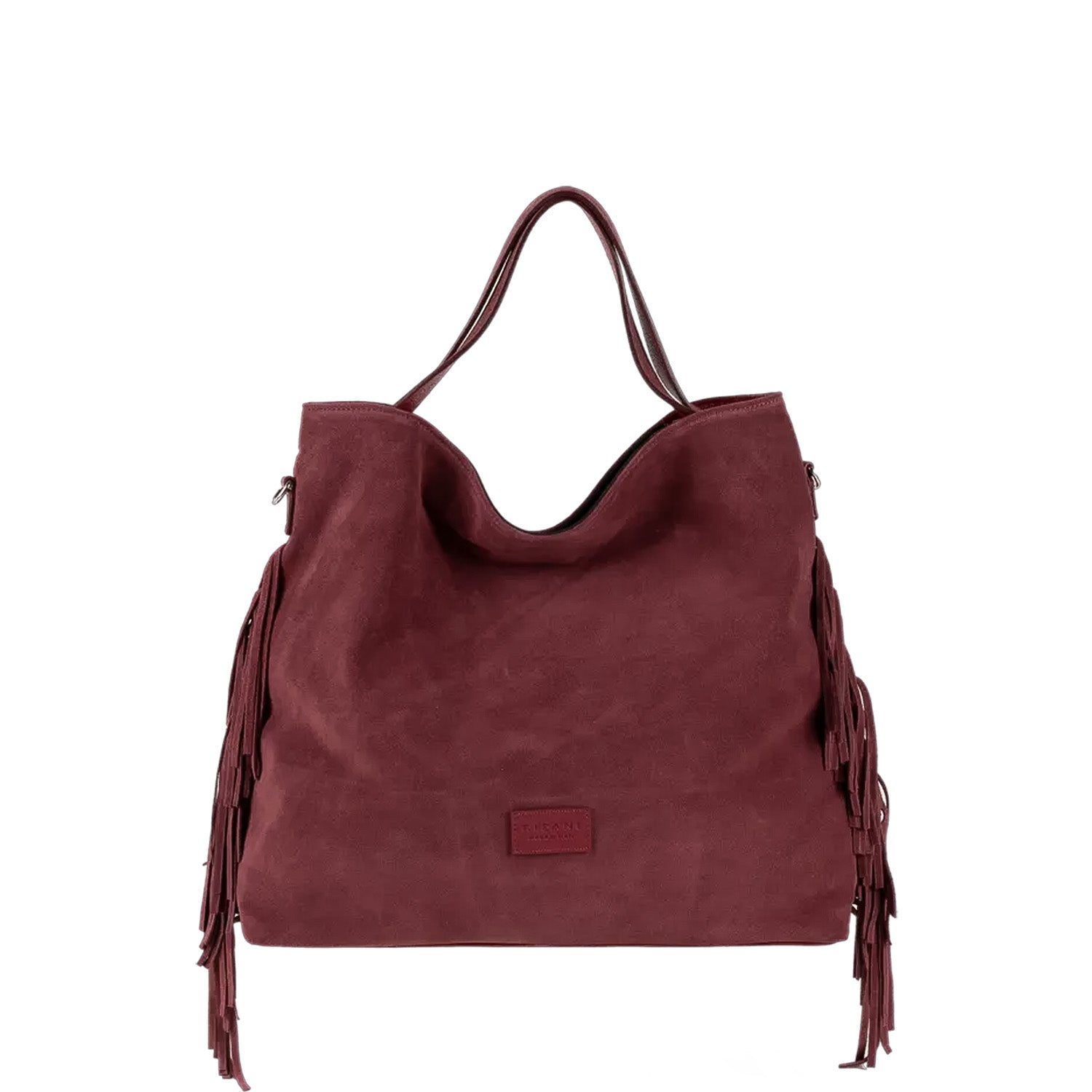 Shopperka Ripani – bordowa, z frędzlami, włoska, ze skóry zamszowej - widok z przodu.