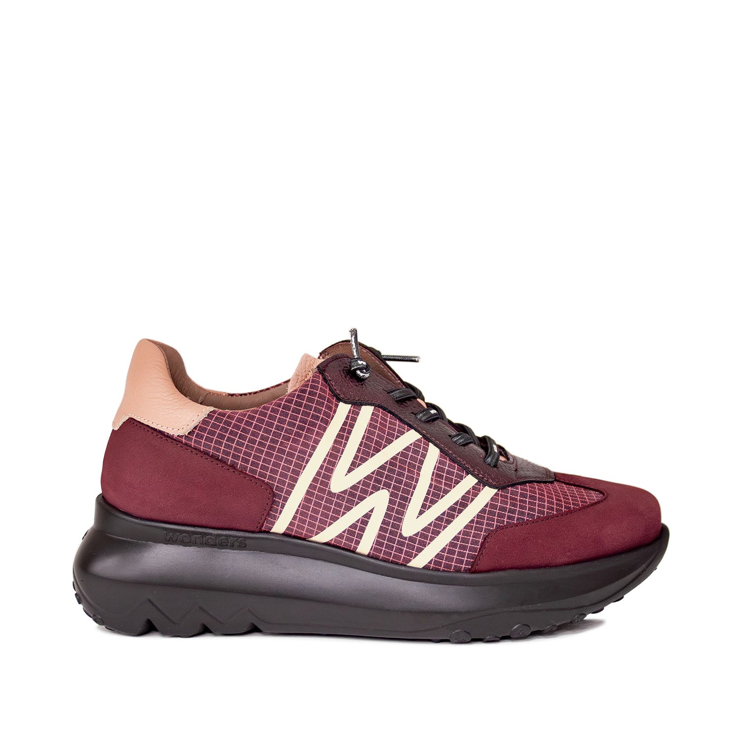 Sneakersy Wonders z nowej kolekcji jesiennej – bordowe, skórzane, hiszpańskie, na wysokiej platformie wondersfly z naturalnej skóry, w ujęciu bocznym.
